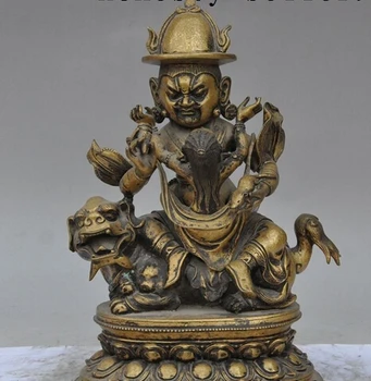 

005649 11"Tibet Buddhism pure bronze Mahakala Hevajra ride lion beast god Buddha statue