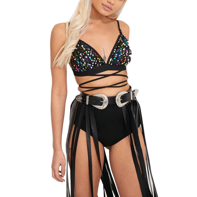 

Women Sexy Sequined Lace Up Crop Tops Balette Strap V Neck Party Tank Tops Summer Beach Crystal Bustier Crop Tops