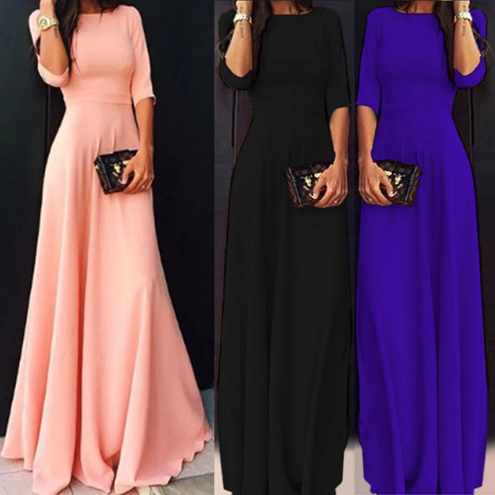 

Women Tunic Maxi Dress Female O-Neck Three Quarter Sleeve Chiffon Dresses 2018 Summer Casual Black Long Dress Vestidos