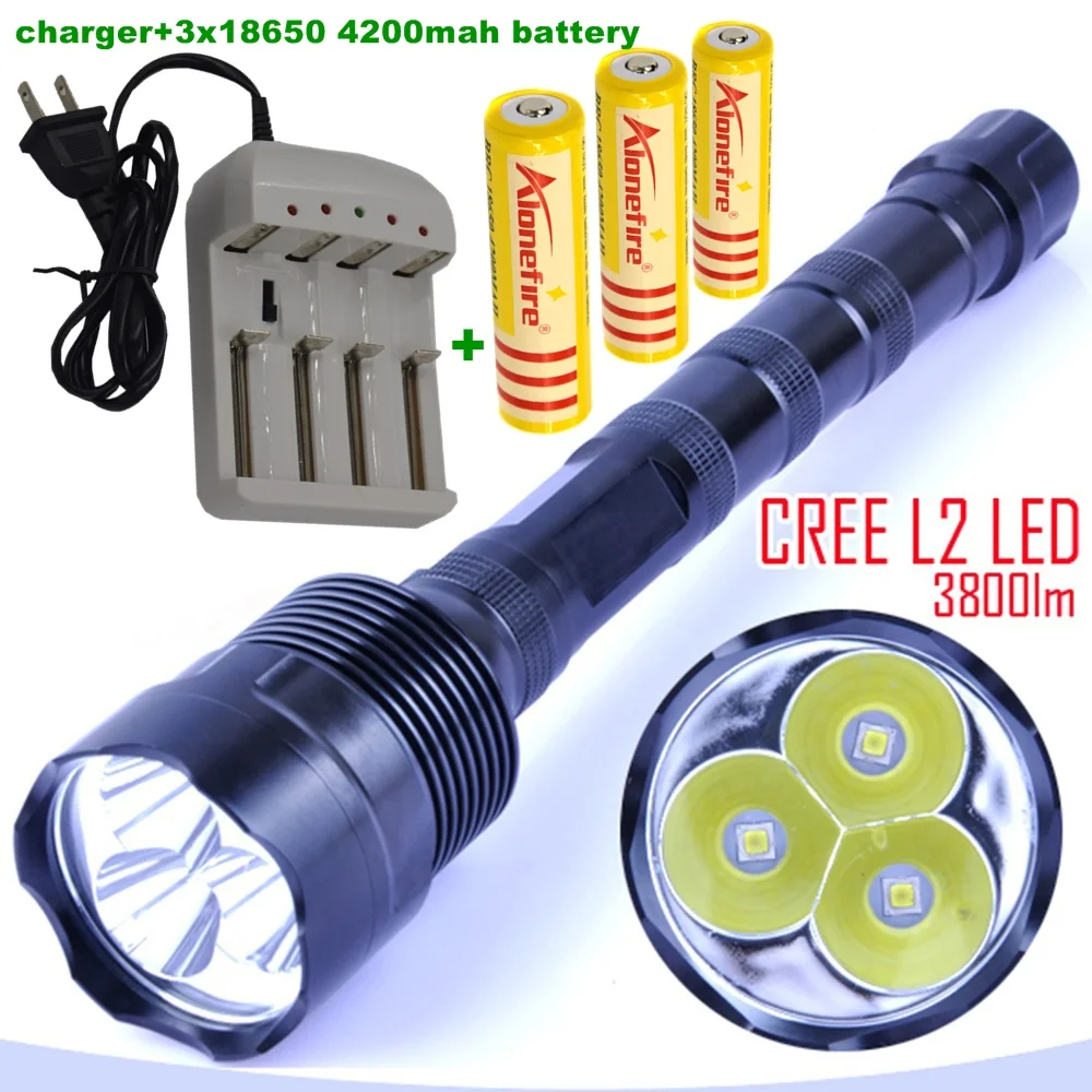 

1Set TrustFire 3800 lumens flashlight 3 x CREE XM-L2 5-Mode 3 * Cree LED Flashlight Torch Lamp Torch + 3x 18650 baattery+charger