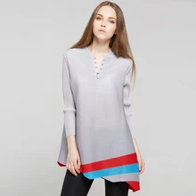 Специальная плиссировка Новинка Женская мода рукав три четверти плиссированная футболка женская с v-образным вырезом Длинные футболки Топы серый зеленый розовый красный