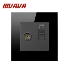 Mvava Telephone and Television Socket,110-250V EU UK standard Black Crystal Glass Panel Wall TEL TV Socket, Free Shipping manufacture livolo white crystal glass panel 2 gangs wall tv and tel socket outlet vl c7 1vt 11 without plug adapter