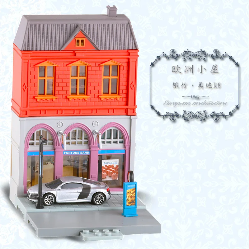 Высокая моделирования 1: 64 РМЗ город диорама образование модель строительные наборы игрушка DIY европейский дом автомобили из литого металла для детей Подарки - Цвет: Bank