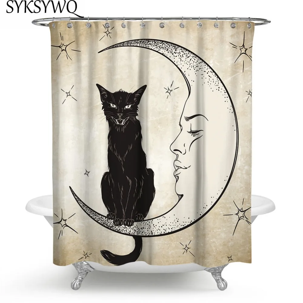 Черная Кошка Луна занавеска для душа Водонепроницаемая лицо ночь кошка забавная