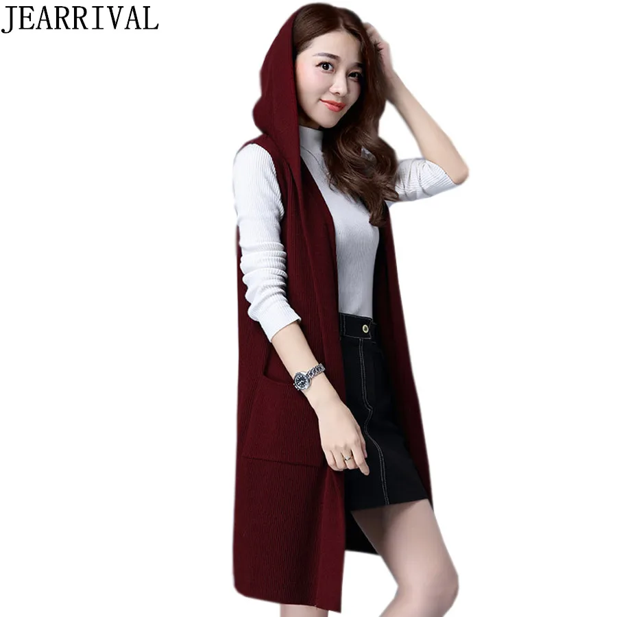 2018 Autumn Winter Hooded Cardigans Women Sleeveless Knitted Pockets Sweater Casual Long Oversized Vest Female |