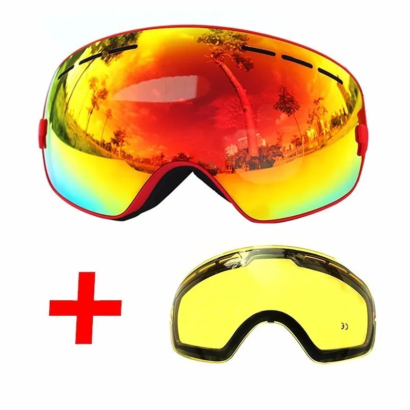 COPOZZ Ski Goggles with Lens and Box Case Ski Mask UV400 Anti-fog Snow Goggles Big Spherical Skiing Snowboarding for Men Women - Цвет: HW45Hotred and Lens