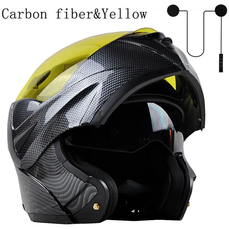 Мотоциклетный Bluetooth шлем из углеродного волокна с двойным козырьком в горошек модульный флип-кейс для мотокросса уличный велосипед+ гарнитура - Цвет: carbon yellow set