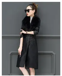 2019 Зимняя мода большой меховой воротник женский кожаный куртка маленького размера, корейское производство лацкан и пояс ремень Пу