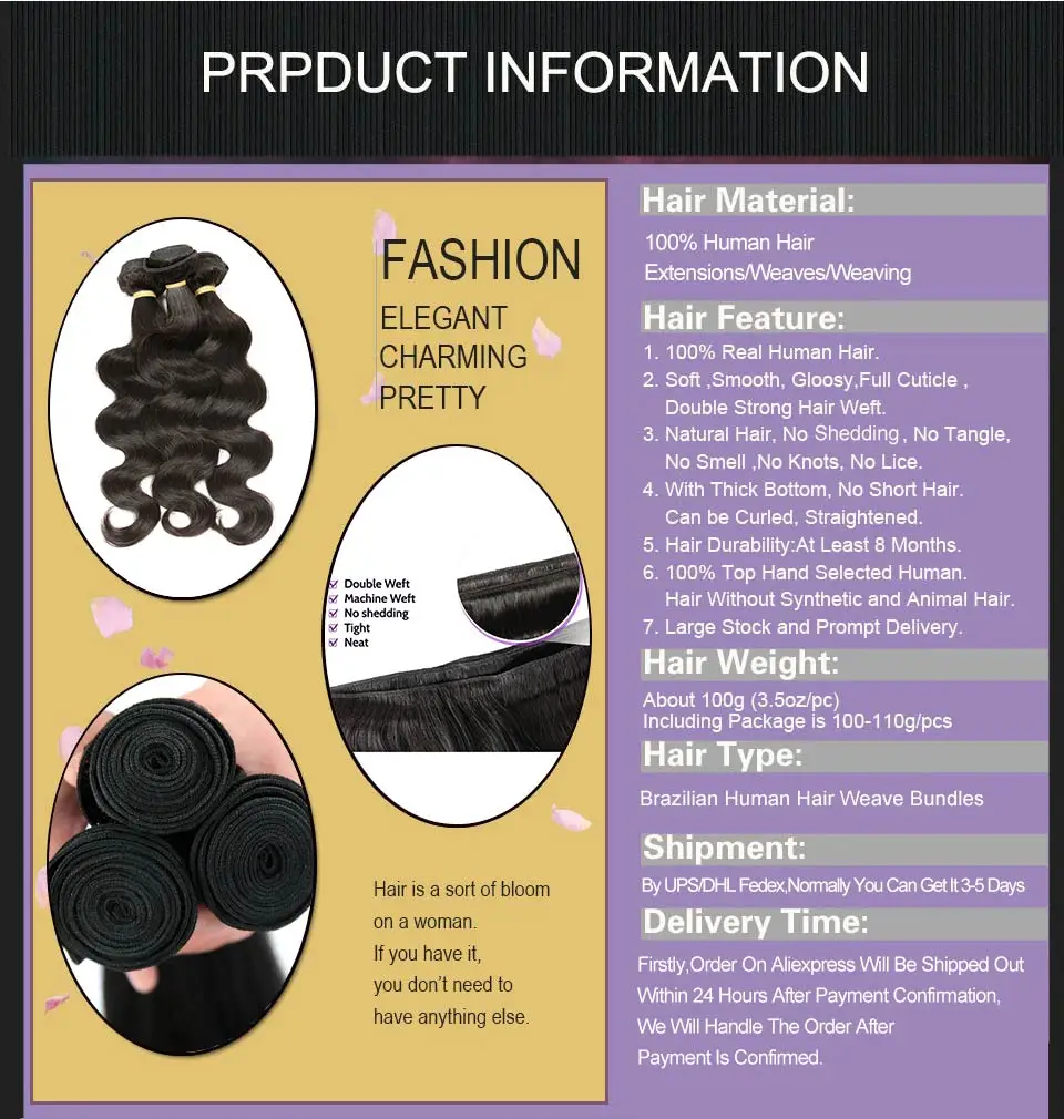 Alimice Hair Brazilian Body Wave 1 Piece Natural Color 10-28 inch 100% Human Hair Bundles Non-Remy Hair Free Shipping (6)