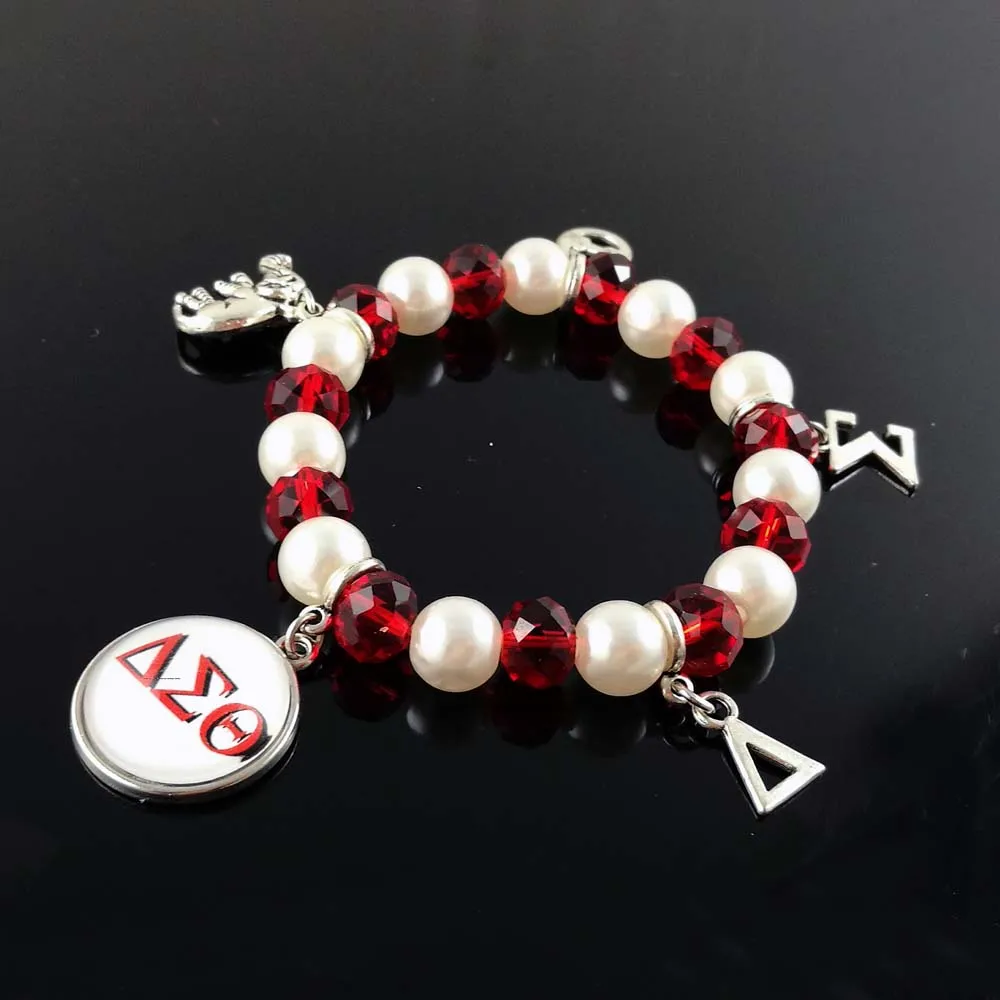 

Delta Sigma Theta Sorority DST Greek White Pearl Red crystal cutom DIY charm elastic Bracelet Jewelry