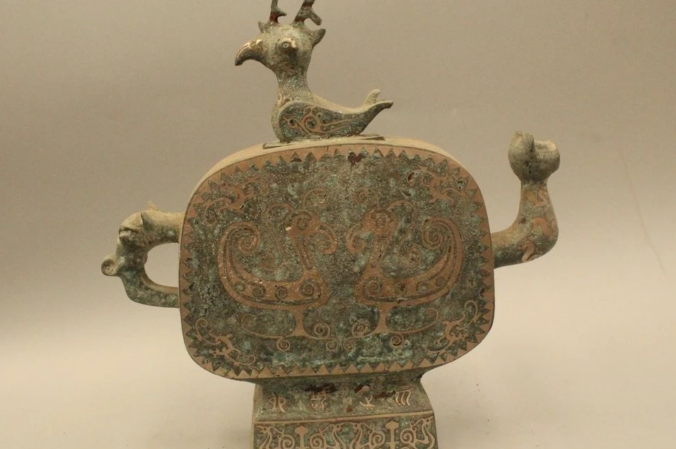 

11"Ancient Chinese Dynasty Bronze Silver Bird Beast Pot Zun Bottle Flagon wine p
