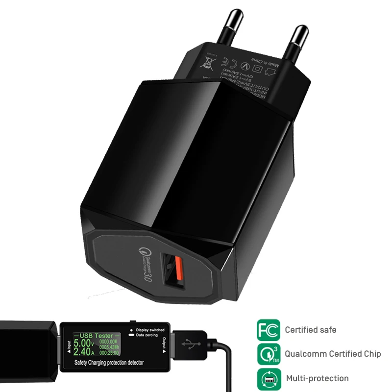 

QC3.0 Fast Charger Adapter for iPhone Xiaomi Samsung Quick EU Chargers Battery Power Supply with Type-c Micro USB Charging Cable