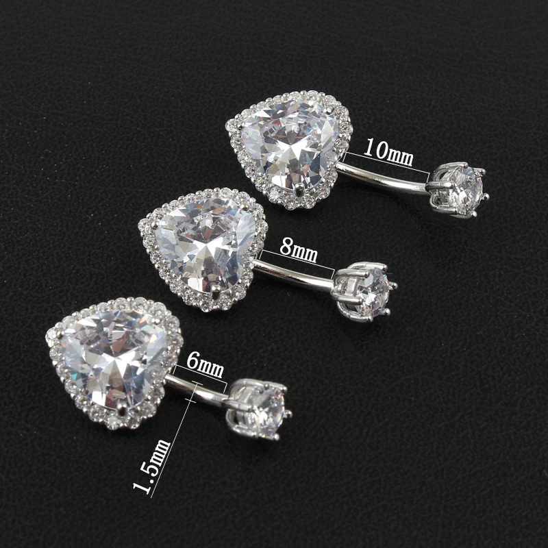 Real 925 sterling silver belly button ring women fine jewelry heart body piercing jewelry S925 6 8 10 mm navel bar zircon stones-1