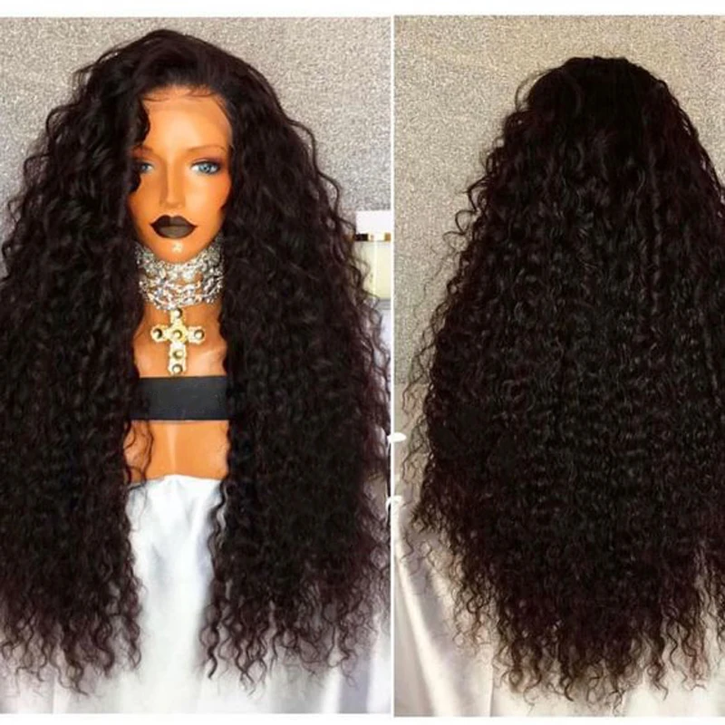 Anogol 26Inch Black Wig Heat Resistant Synthetic Lace Front Wig With Natural Hairline 180% Density Curly Wigs For Black Women