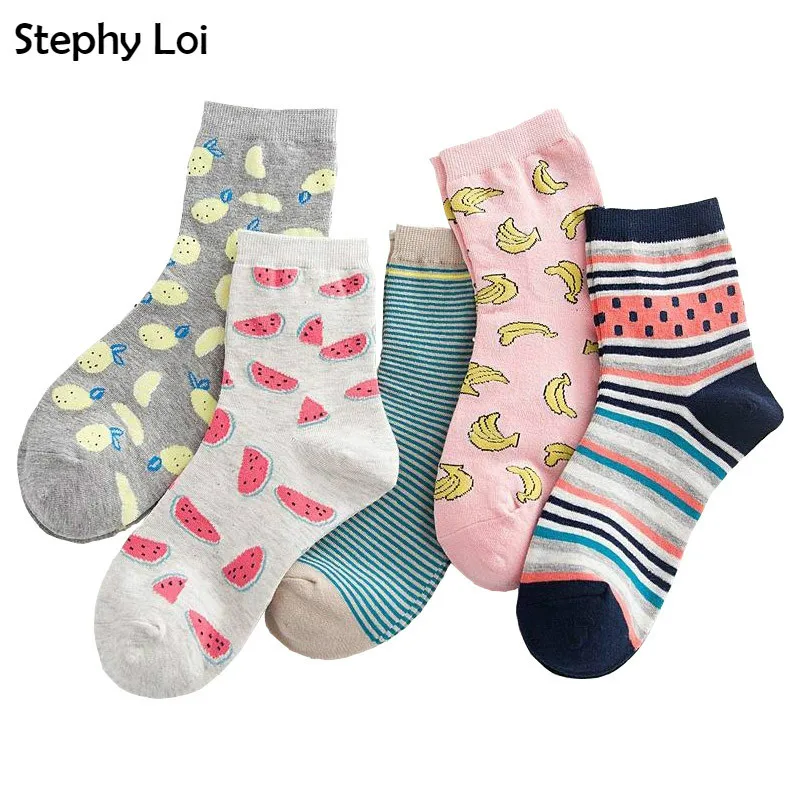 1 лот/5 пар, забавные хлопковые носки с фруктовым узором для женщин и девочек, милые носки в полоску с ананасом, арбузом, бананом, каваи, Харадзюку, дешево
