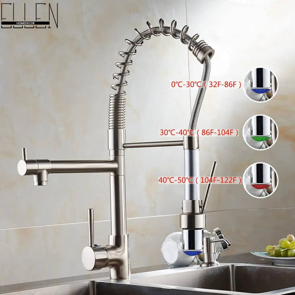 Water tap kitchen pull out faucet LED light kitchen faucet mixer with two spray brushed nickel