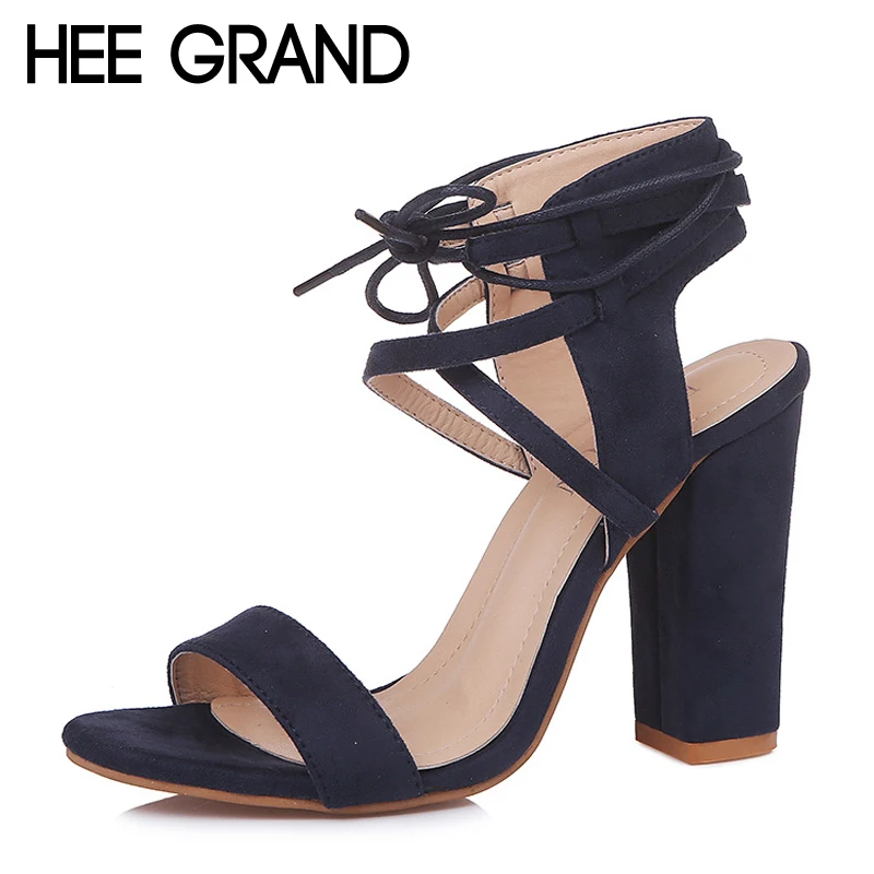 

HEE GRAND Cross-tied Women Sandals Summer Sexy Square High Heels Flock Wedding Shoes Woman Elegant Pumps Ladies 6 Colors XWZ4956
