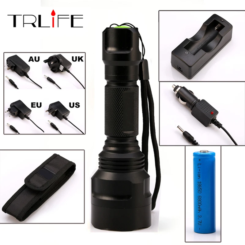 

LED Super L2/T6 Flashlight 8000 lumens Torch high power Tactical Flashlight Lamp Light +Charger+1*18650 Battery+Holster
