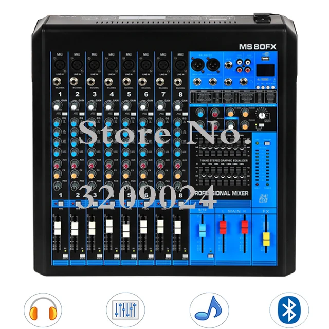8 Channels Mixer Digital Effects Double Equalizer Bluetooth MP3 DJ