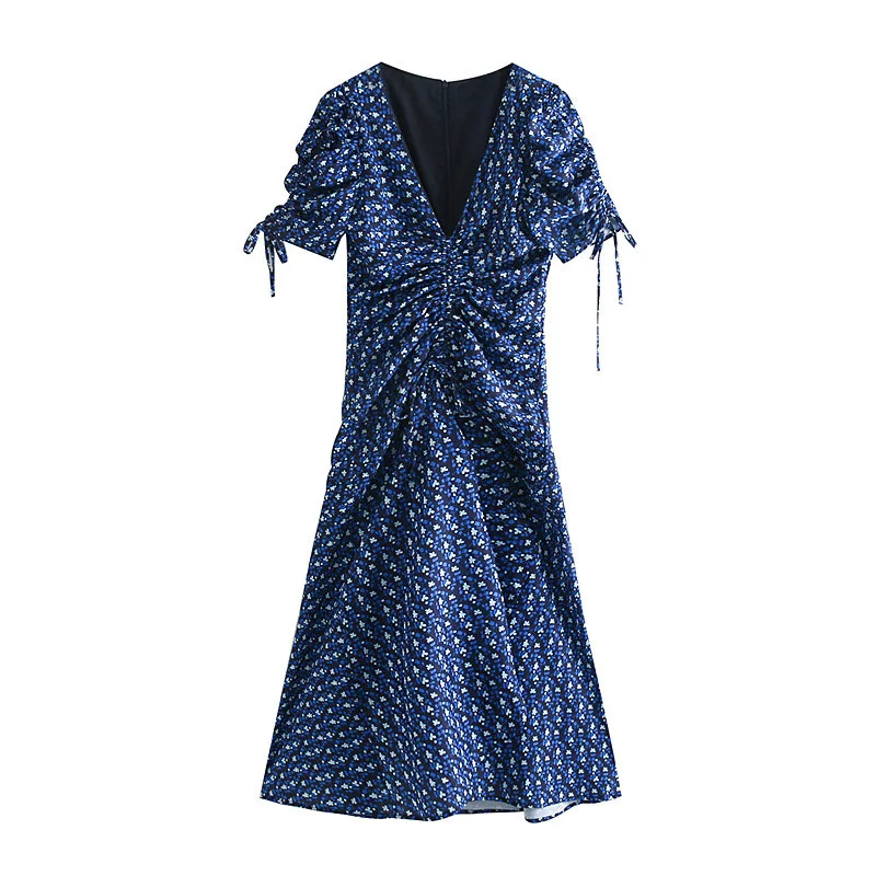 المرأة عارضة فستان صيفي زهرة طباعة الخامس الرقبة قصيرة الأكمام اللباس مطوي القوس الديكور Vestidos