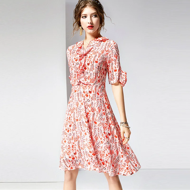 

Dress Summer 2019 Women's New V-Neck Ruffles Short Sleeves 100% Natural Silk Printed Slim A-Line Casual Dress Knee Length S-XL