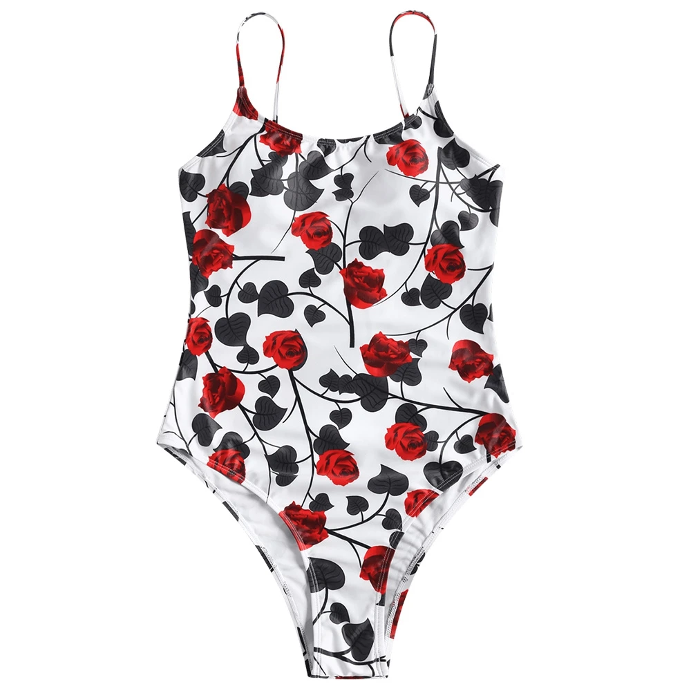 Sexy Red Rose Floral Print Bikini Women's Swimming Suit Wire Free