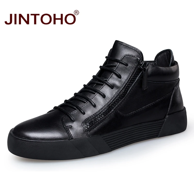

JINTOHO Big Size Winter Men Genuine Leather Shoes Fashion Black Leather Boots Winter Warm Fur Shoes Winter Men Boots Male Shoes