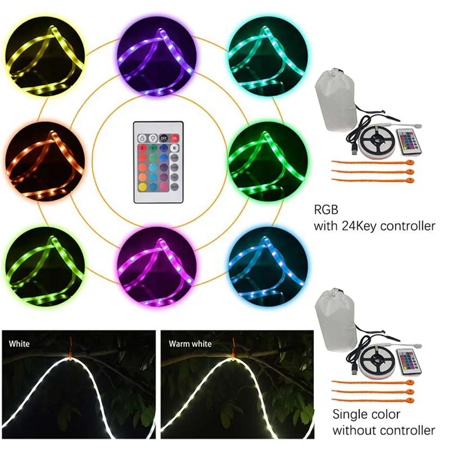 Водонепроницаемый походный RGB светодиодный светильник, фонарь, лампа 1,5 м SMD 2835 DC5V, USB СВЕТОДИОДНЫЙ светильник на веревке, подвесной светильник для походов, кемпинга, палатки