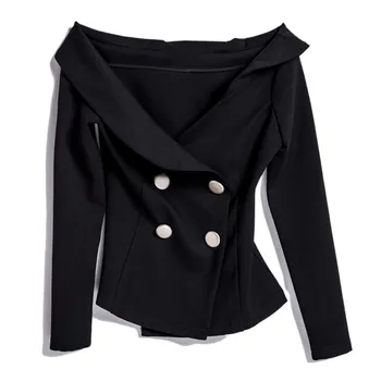 

2019 Spring New Women Off Shoulder Small Blazers V-Neck Double-Breasted Casual Sexy Black Suit Ladies Office Coat Top Outwear