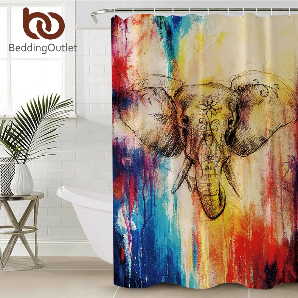 BeddingOutlet Watercolor Elephant Bathroom Shower Curtain Waterproof Colorful Boho Bath Curtain With Hooks Home Decoration