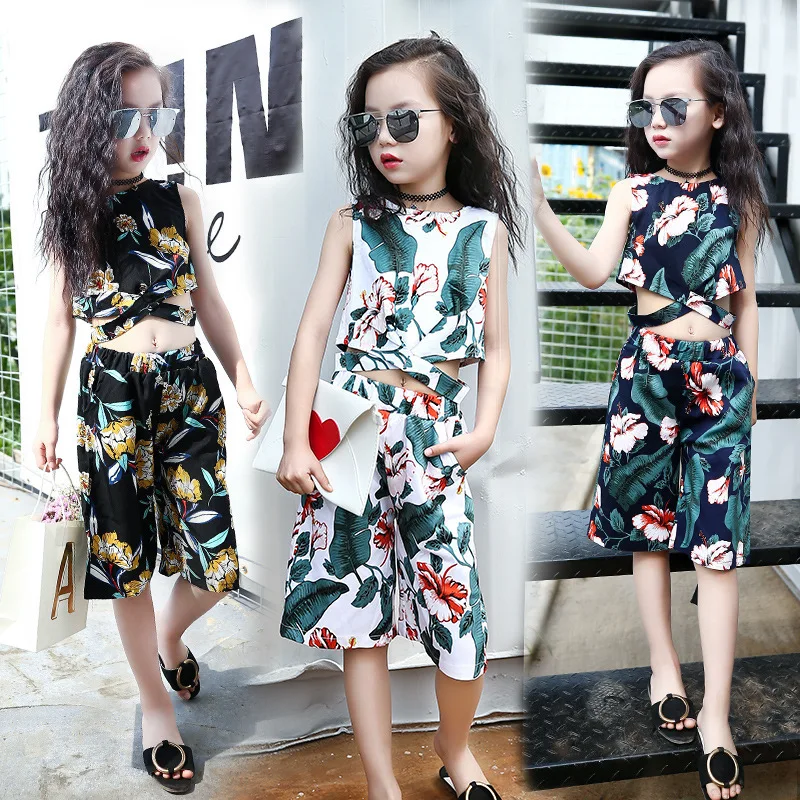 

High Waist Print Tops 2 pieces Girls Suits wide-leg pants Fashion Teenage Girls Outfit Clothes 6 7 8 9 10 12 year