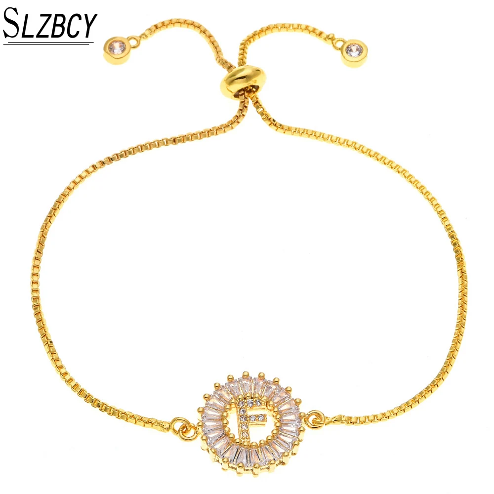 

SLZBCY Personalized Simple Letter Bracelets & Bangles Woman AAA CZ Crystal Round Slide Bracelet Adjustable Jewelry For Bride
