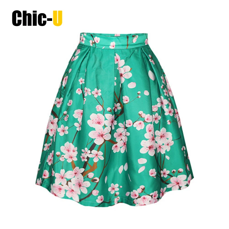 Chic U 2016 green skirt elegant pink flower high waist slim skirt women