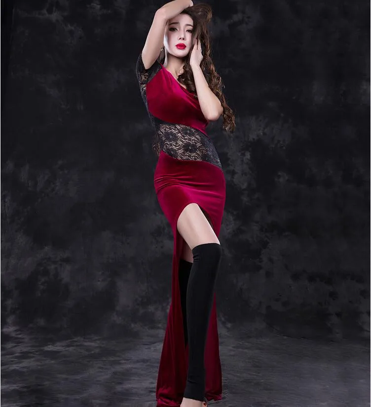 Velvet Dress Lady's Ballroom Costume One Piece Lace Skirt Sexy Cutout