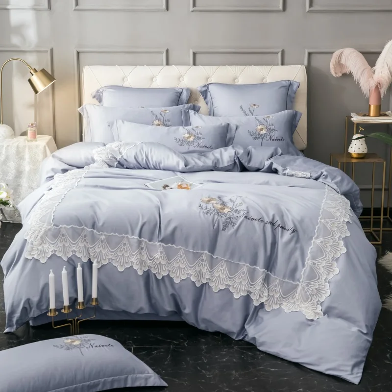 Gray luxury Embroidery bedding set queen/king size stain lace bed set 4