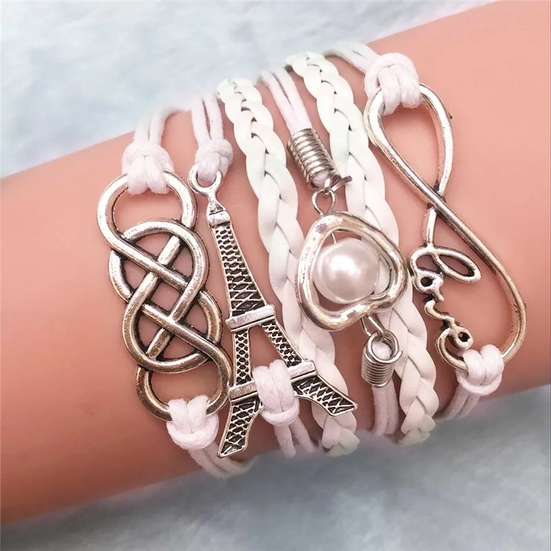 

PINKSEE White Color Leather Infinity Love Heart Eiffel Tower Friendship Bracelet Fashion Women Wristband Jewelry