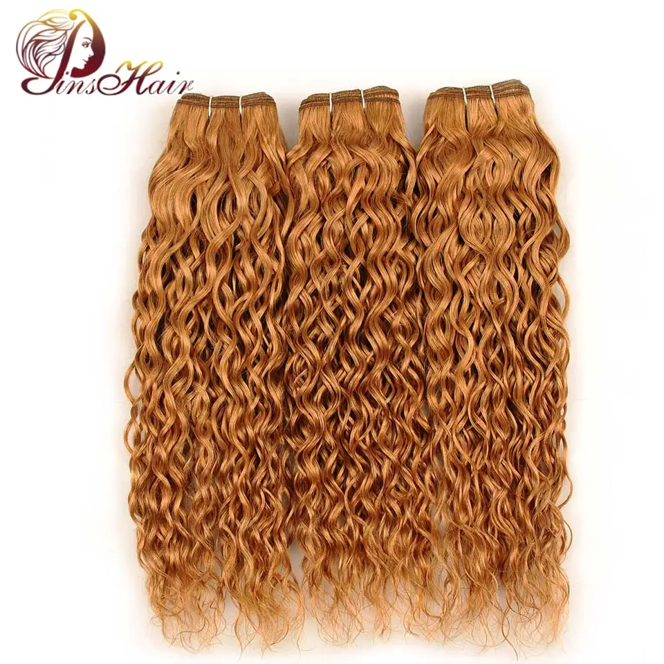 Pinshair Per-Colored Honey Blonde 27 Peruvian Water Wave Hair Weft 3 Bundles 100% Human Hair Weave Extension Non Remy Thick Hair (2)