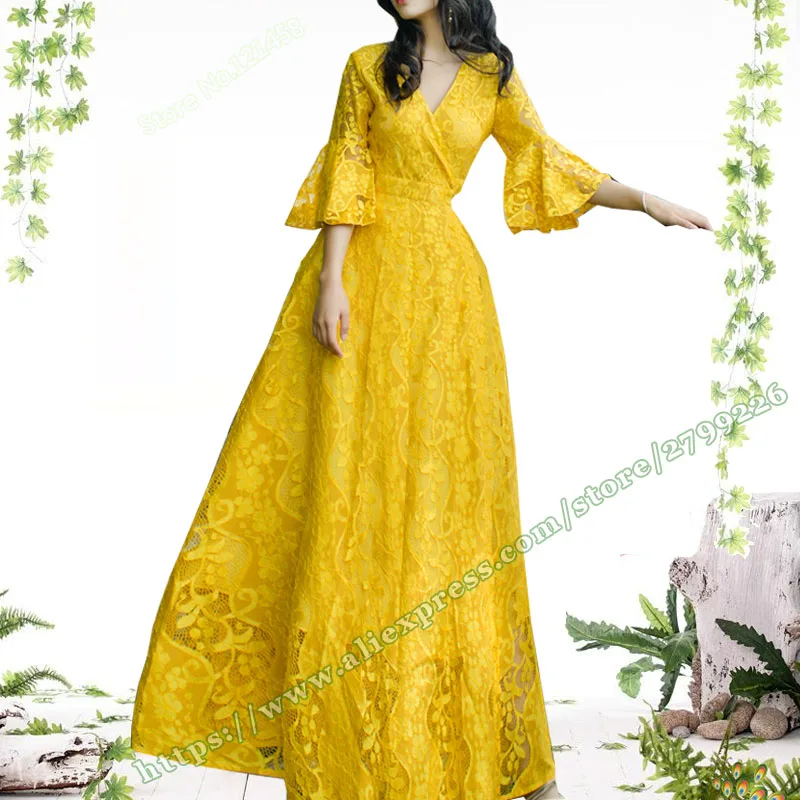 

Summer Dress 2019 Holiday Fairy Long Yellow Lace dress / Bohemian Maxi Sexy Yellow Dress Women