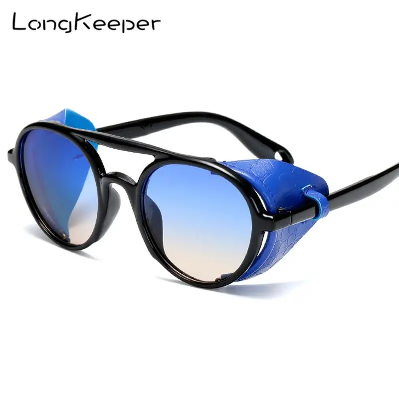 

LongKeeper 2019 Cool Fashion SteamPunk Style Round Sunglasses Leather Side Shield Brand Design Sun Glasses Oculos De Sol 1913