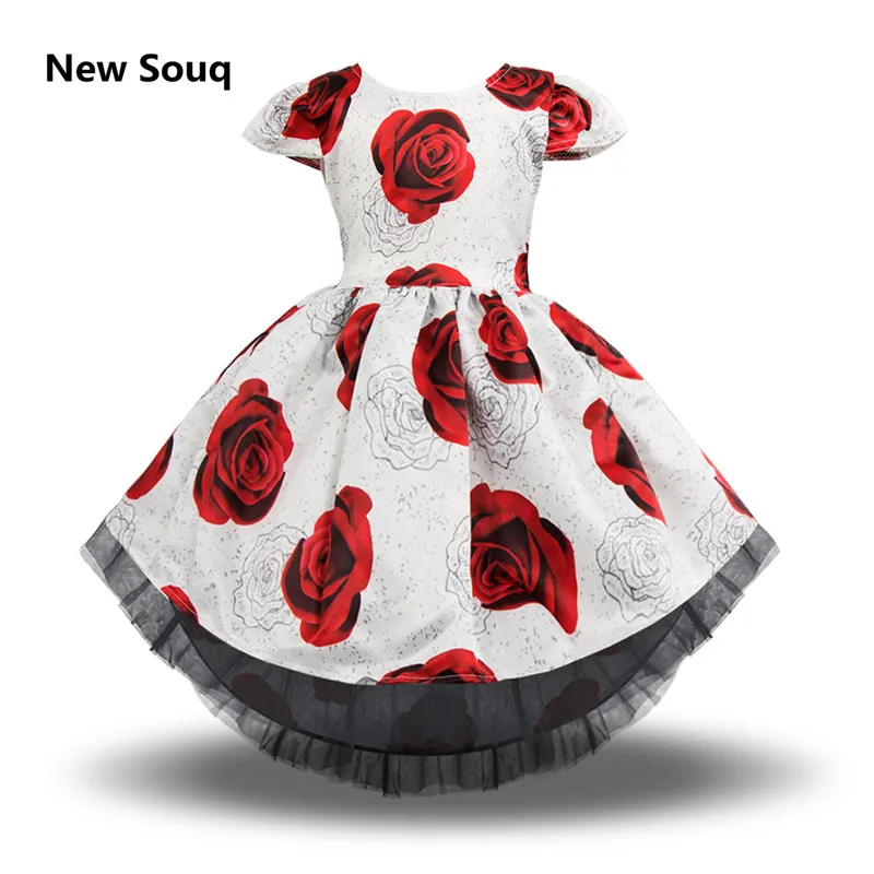 

Princess Printed Rose Flower Flower Girl Dresses For Wedding With Long Train Short Sleeves Girls Birthday Evening Prom Dress