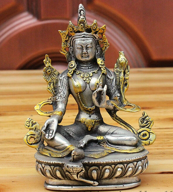 

decoration Tibet copper silver Tibet Fane Silver Gilt Green Tara Mahayana Buddhism enlightenment Goddess Statue