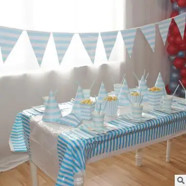 

2017 New Blue Theme Disposable Table Sets With Stripped Pattern Paper Cups And Board Children Birthday Party Decor Tablewares