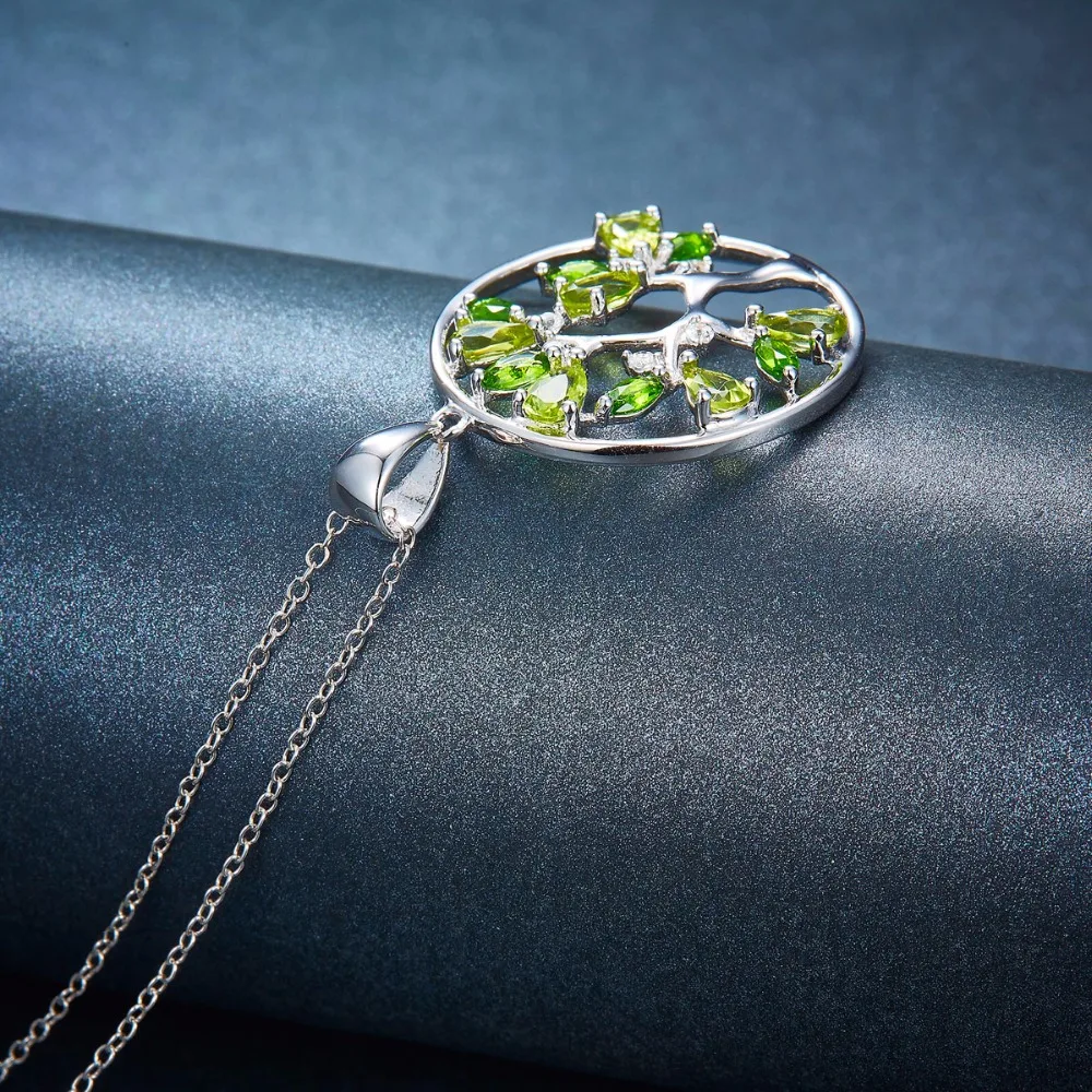 925 Sterling Silver Chain Peridot Tree Pendant Diopside Gemstone Classic Style Fine Jewelry for Women's Birthday Gift