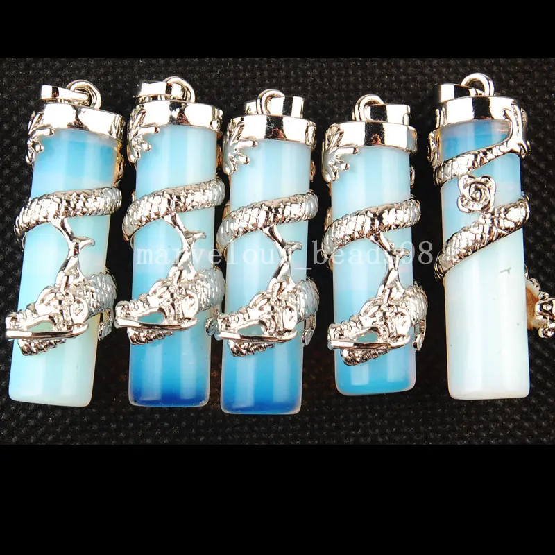 

Free shipping Fashion Jewelry 5pcs Wholesale Opal Opalite Column Dragon Pendant Bead MC3474