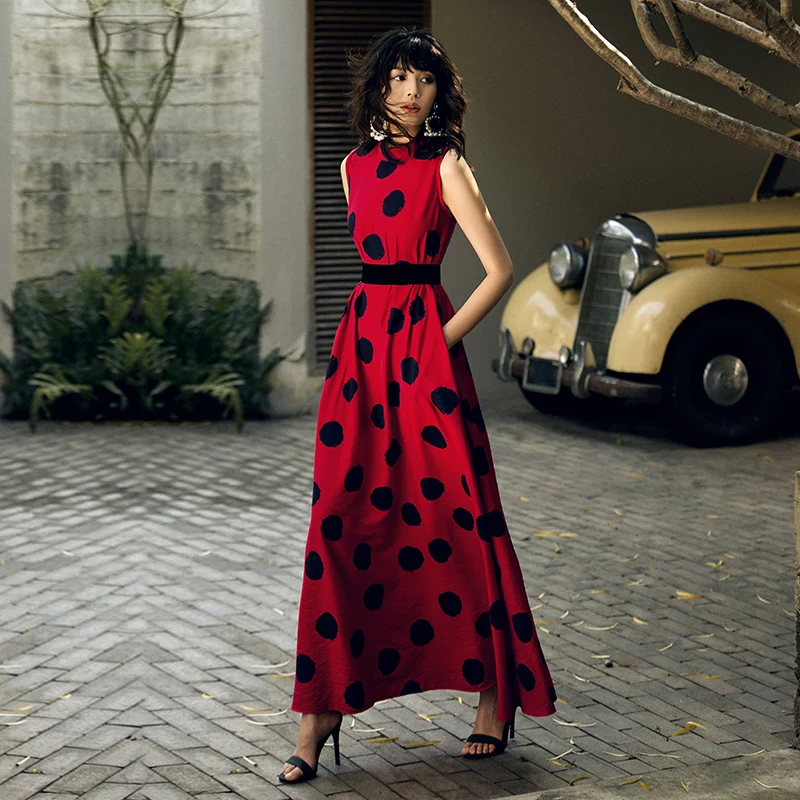 

VERRAGEE 2019 New Summer Women Printed Polka Dots Red Maxi Dress Sleeveless Vintage Party Long Dress
