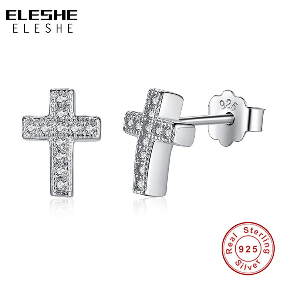 ELESHE 925 пробы серебряные серьги в виде креста, серьги-гвоздики с кристаллами CZ, маленькие серьги для женщин и девушек, модное ювелирное изделие