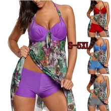 Новинка, ретро принт, два предмета, танкини, купальник, шорты, плюс размер, женский купальник, спортивный купальный костюм с пуш-ап, большой размер, Ретро стиль, S-5XL