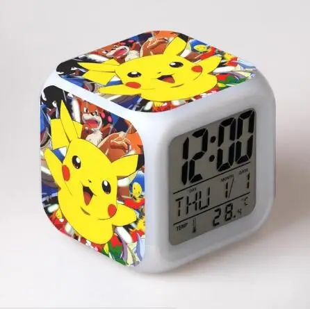 Детский светодиодный светильник 7 цветов с изображением аниме Pocket Monster Pikachu Pokemon Flash, цифровой будильник, ночник, часы для спальни, reloj despertador - Цвет: Темно-синий