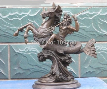 

bir 002858 18"Greek myth Bronze Marble Sea Emperor Poseidon Ride Sea Horse Mermaid Statue
