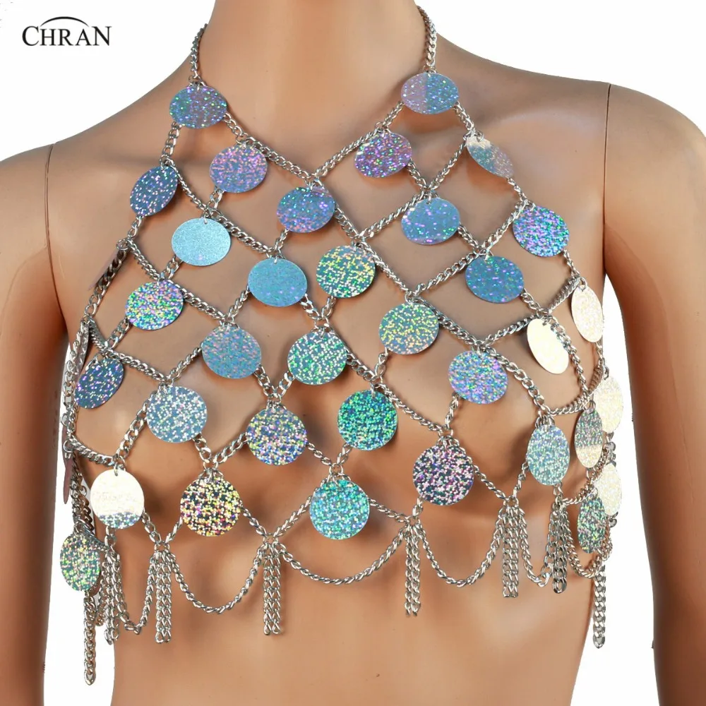 

Chran Sequins Crop Top Disco Party Beach Cover Up Chain Necklace Rave Bra Bralette Lingerie Festival Costume Wear Jewelry CRM290